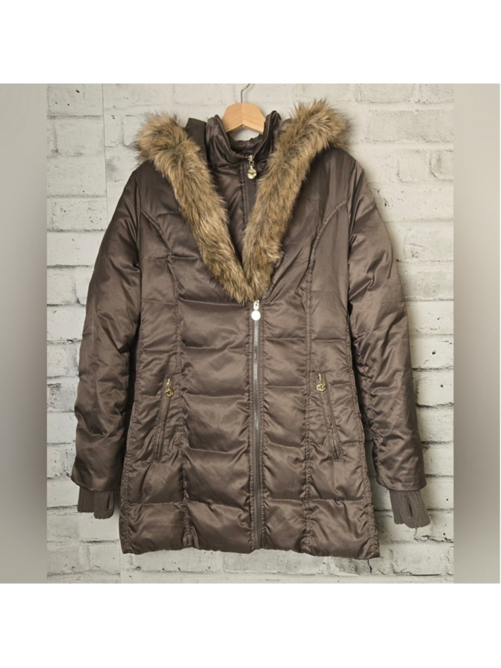 Betsey Johnson Brown Faux Fur Hooded Parka Leopard Lined Winter Coat L
